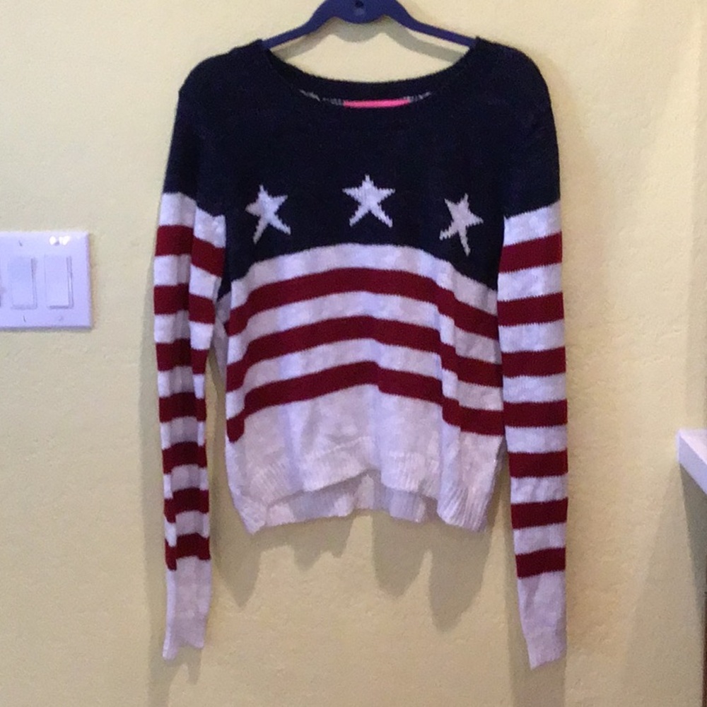 Rebellious One American Flag Sweater Red White and Blue Women’s XL Sparkly